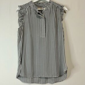 Loft Women’s Sleeveless Ruffle Striped Blouse Black White Size Medium EUC Girly